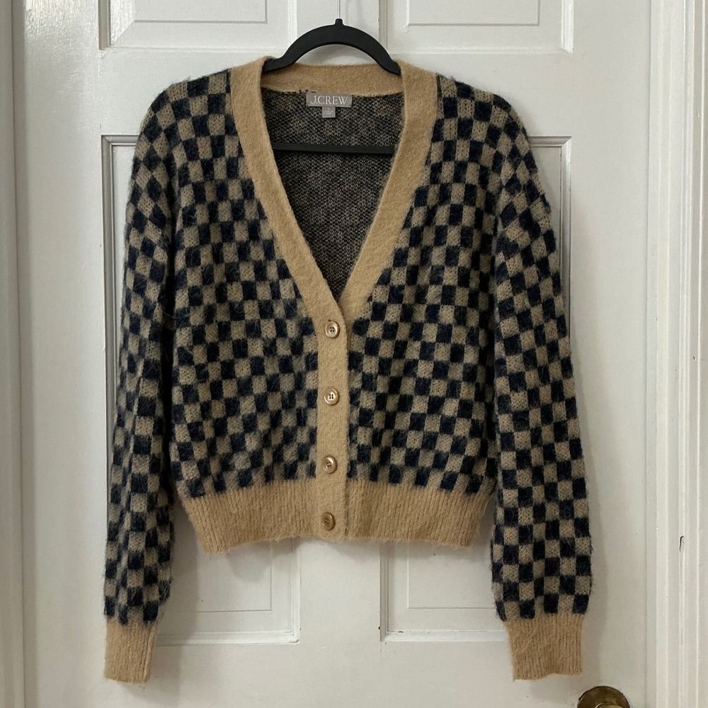 J.Crew Wool Alpaca Cardigan S Checkerboard Cropped Dark Academia Cozy Preppy